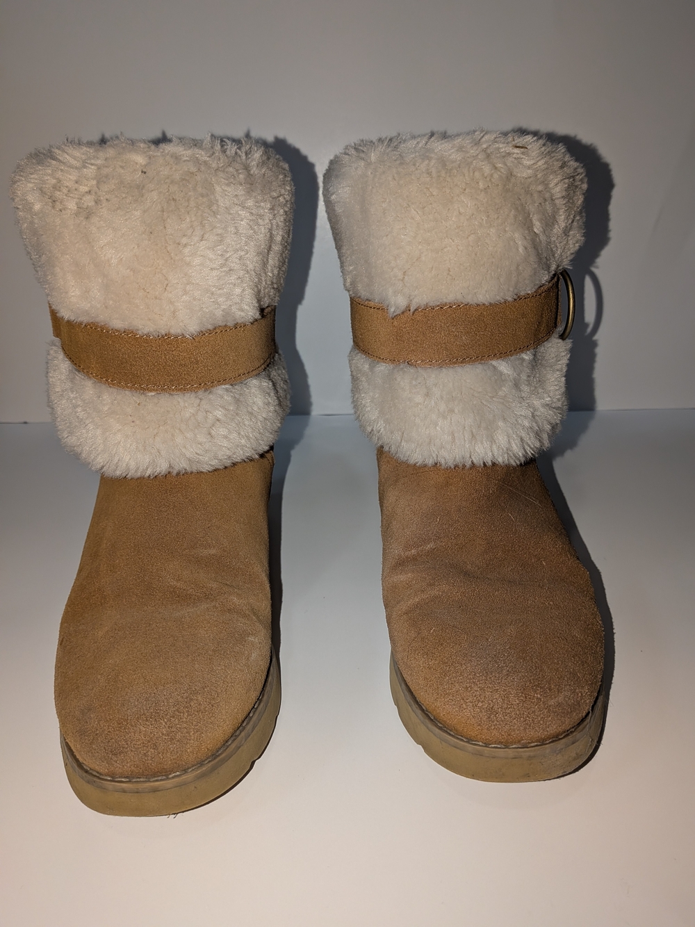 Lands' End Tan Suede Winter Boots with Cream Faux Fur Cuff
